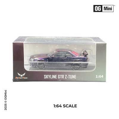 A diecast model of a Nissan Skyline R34 Z-Tune in Midnight Purple color, packaged in a clear plastic box with '1:64 SCALE' and branding details.